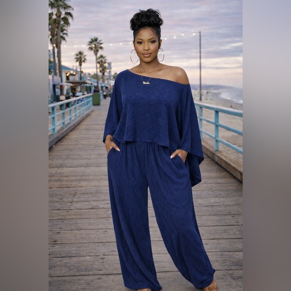 Pants - Elegant Navy Blue Women's Pant Set